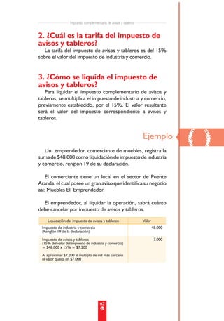 Impuesto complementario de avisos y tableros


2. ¿Cuál es la tarifa del impuesto de
avisos y tableros?
   La tarifa del impuesto de avisos y tableros es del 15%
sobre el valor del impuesto de industria y comercio.


3. ¿Cómo se liquida el impuesto de
avisos y tableros?
   Para liquidar el impuesto complementario de avisos y
tableros, se multiplica el impuesto de industria y comercio,
previamente establecido, por el 15%. El valor resultante
será el valor del impuesto correspondiente a avisos y
tableros.




   Un emprendedor, comerciante de muebles, registra la
                                                                 Ejemplo
                                                                                  ()
suma de $48.000 como liquidación de impuesto de industria
y comercio, renglón 19 de su declaración.

    El comerciante tiene un local en el sector de Puente
Aranda, el cual posee un gran aviso que identifica su negocio
así: Muebles El Emprendedor.

  El emprendedor, al liquidar la operación, sabrá cuánto
debe cancelar por impuesto de avisos y tableros.

    Liquidación del impuesto de avisos y tableros                Valor
 Impuesto de industria y comercio                                        48.000
 (Renglón 19 de la declaración)
 Impuesto de avisos y tableros                                            7.000
 (15% del valor del impuesto de industria y comercio)
 = $48.000 x 15% = $7.200
 Al aproximar $7.200 al múltiplo de mil más cercano
 el valor queda en $7.000




                                      63
 