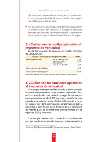 Responsabilidades frente a los impuestos distritales


      declaraciones presentadas se tienen por no presentadas.
      En el impuesto sobe vehículos no se pueden hacer pagos
      parciales o acuerdos de pago.

• En caso de hurto, decomiso, pérdida total, desaparición
  o chatarrización del vehículo, la obligación tributaria
  persiste hasta cuando se haya presentado la cancelación
  de la matrícula ante la Secretaría de Tránsito de Bogotá.


3. ¿Cuáles son las tarifas aplicables al
impuesto de vehículos?
   Las tarifas se aplican de acuerdo con el valor comercial
del vehículo40, así:
               Rangos y avalúos para el año gravable 2008                                                     Tarifa
 Vehículos particulares:                                     de $0 a $33.045.000                                  1,5%
                                                             de $33.045.000 a                                     2,5%
                                                             $74.350.000
                                                             más de $74.350.000                                   3,5%

 Motocicletas de más de 125 c.c.                                                                                  1,5%

 Vehículos de transporte público                                                                                  0,5%
Fuente: Secretaría de Hacienda Distrital, tarifas del impuesto sobre vehículos automotores año 2008. www.shd.gov.co




4. ¿Cuáles son las sanciones aplicables
al impuesto de vehículos?
   Sanción por extemporaneidad: cuando la declaración del
impuesto sobre vehículos no se presenta dentro del plazo
máximo establecido para declarar y pagar, la sanción por
extemporaneidad es: del 1,5% por mes o fracción de mes
calendario de retardo, sobre el valor del impuesto a cargo
sin exceder del 100% del impuesto, para la vigencia 2001 y
siguientes; y del 5% por mes o fracción de mes calendario
de retardo para las declaraciones extemporáneas de las
vigencias 2000 y anteriores.

   Sanción por corrección: cuando los contribuyentes
corrijan sus declaraciones del impuesto sobre vehículos y

40 Decreto 4790, 12 de diciembre de 2007, Ministerio de Hacienda y Crédito Público.



                                                            70
 