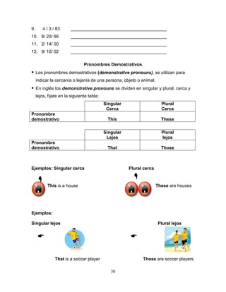 30
9. 4 / 3 / 83 _______________________________________
10. 8/ 20/ 66 _______________________________________
11. 2/ 14/ 00 _______________________________________
12. 9/ 10/ 02 _______________________________________
Pronombres Demostrativos
 Los pronombres demostrativos (demonstrative pronouns), se utilizan para
indicar la cercanía o lejanía de una persona, objeto o animal.
 En inglés los demonstrative pronouns se dividen en singular y plural, cerca y
lejos, fíjate en la siguiente tabla:
Singular
Cerca
Plural
Cerca
Pronombre
demostrativo This These
Singular
Lejos
Plural
lejos
Pronombre
demostrativo That Those
Ejemplos: Singular cerca Plural cerca

This is a house These are houses

Ejemplos:
Singular lejos Plural lejos
That is a soccer player Those are soccer players

 
 