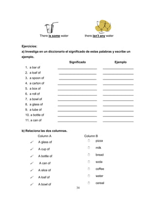 34
There is some water there isn’t any water
Ejercicios:
a) Investiga en un diccionario el significado de estas palabras y escribe un
ejemplo.
Significado Ejemplo
1. a bar of _______________________ __________________
2. a loaf of ______________________ __________________
3. a spoon of ______________________ __________________
4. a carton of _______________________ __________________
5. a box of _______________________ __________________
6. a roll of _______________________ __________________
7. a bowl of _______________________ __________________
8. a glass of _______________________ __________________
9. a tube of _______________________ __________________
10. a bottle of _______________________ __________________
11. a can of _______________________ __________________
b) Relaciona las dos columnas.
Column A Column B
 A glass of
 A cup of
 A bottle of
 A can of
 A slice of
 A loaf of
 A bowl of
 pizza
 milk
 bread
 soda
 coffee
 water
 cereal
 
