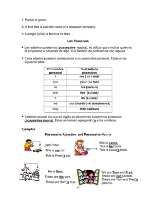 37
7. Purple or green.
8. A fruit that is also the name of a computer company.
9. Georgia (USA) is famous for their…
Los Posesivos
 Los adjetivos posesivos (possessive nouns), se utilizan para indicar quién es
el propietario o poseedor de algo, o la relación de pertenencia con alguien.
 Cada adjetivo posesivo corresponde a un pronombre personal. Fíjate en la
siguiente tabla.
 También existen los que en inglés se denominan sustantivos posesivos
(possessive nouns). Éstos se forman agregando ‘s a los nombres.
Ejemplos:
Possessive Adjective and Possessive Nouns
I am Peter.
This is my car.
This is Peter´s car.
.
He is Sam.
These are his toys.
These are Sam’s toys.
Pronombre
personal
Sustantivos
posesivos
I my ( mi / mis)
you your (tu/ tus)
he his (su/sus)
she her (su/sus)
it its (su/sus)
we our (nuestro-a/ nuestros-as)
they their (su/sus)
She is Laura.
This is her book.
This is Laura’s book.
We are Tom and Fred.
These are our parents.
These are Tom and Fred’s
parents.
 