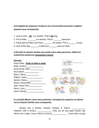 39
d) Completa los espacios en blanco con el pronombre personal o adjetivo
posesivo que corresponda.
1. Look at John. _He is a student. That is his bag.
2. This is Kelly . _______ is a teacher. That is _______ classroom.
3. These girls are Mary and Fiona. _______ are sisters. This is _______ house.
4. Look at that dog. _______ is black but _______ ears are white.
e) Escribe la relación familiar que existe entre estas personas. Utiliza los
sustantivos posesivos (possessive nouns)
Ejemplo:
Emily /Peter: Emily is Peter’s sister
Peter / Emily’s _______________.
Anne/ Emily- Peter ____________.
Paul /Sarah _____________.
Diana / Henry ___________.
William / Carol _______________.
Sandra / Diana _____________.
Sarah / Emily-Peter _____________.
Jack / Anne- Paul ___________.
Henry / John _______________.
Carol / Sandra ________________.
f) La familia Mason, tiene otros parientes. Completa los espacios en blanco
con la relación familiar que corresponda.
Sandra has a brother, Howard. Howard is Peter’s ____________.
Howard’s wife is Emily’s _____________. They are all very good friends. But
Henry has a sister, Laura. Henry is Laura’s _____________ . Laura does not get
 