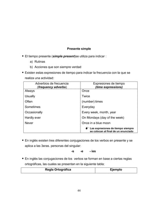 44
Presente simple
 El tiempo presente (simple present)se utiliza para indicar :
a) Rutinas
b) Acciones que son siempre verdad
 Existen estas expresiones de tiempo para indicar la frecuencia con la que se
realiza una actividad:
Adverbios de frecuencia
(frequency adverbs)
Expresiones de tiempo
(time expressions)
Always
Usually
Often
Sometimes
Occasionally
Hardly ever
Never
Once
Twice
(number) times
Everyday
Every week, month, year
On Mondays (day of the week)
Once in a blue moon
 Las expresiones de tiempo siempre
se colocan al final de un enunciado
 En inglés existen tres diferentes conjugaciones de los verbos en presente y se
aplica a las 3eras. personas del singular:
-s -e - ies
 En inglés las conjugaciones de los verbos se forman en base a ciertas reglas
ortográficas, las cuales se presentan en la siguiente tabla:
Regla Ortográfica Ejemplo
 