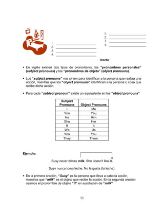 53
Los Pronombres del Objeto Directo
 En inglés existen dos tipos de pronombres, los “pronombres personales”
(subject pronouns) y los “pronombres de objeto” (object pronouns).
 Los “subject pronouns” nos sirven para identificar a la persona que realiza una
acción, mientras que los “object pronouns” identifican a la persona o cosa que
recibe dicha acción.
 Para cada “subject pronoun” existe un equivalente en los “object pronouns”
Subject
Pronouns Object Pronouns
I Me
You You
He Him
She Her
It It
We Us
You You
They Them
Ejemplo:
Susy never drinks milk. She doesn’t like it.
Susy nunca toma leche. No le gusta (la leche).
 En la primera oración, “Susy” es la persona que lleva a cabo la acción,
mientras que “milk” es el objeto que recibe la acción. En la segunda oración
usamos el pronombre de objeto “it” en sustitución de “milk”
1. _________________________
2. _________________________
3. _________________________
4. _________________________
1. _______________________
2. _______________________
3. _______________________
4. _______________________
 