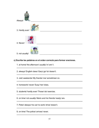 57
Always/ _____________________________________________________
3. Hardly ever/ ___________________________________________
4. Never/ _______________________________________________
5. not usually/ ___________________________________________
c) Escribe las palabras en el orden correcto para formar oraciones.
1. at home/ the afternoon/ usually/ in/ am/ I.
_____________________________________________________________
2. always/ English class/ Gary/ go/ to/ doesn’t.
_____________________________________________________________
3. visit/ weekends/ My friends/ me/ sometimes/ on.
_____________________________________________________________
4. homework/ never/ Susy/ her/ does.
_____________________________________________________________
5. students/ hardly ever/ Those/ do/ exercise.
_____________________________________________________________
6. on time/ not usually/ Mario and his friends/ ready/ are.
_____________________________________________________________
7. Peter/ always/ his car/ to work/ drive/ doesn’t.
_____________________________________________________________
8. on time/ The police/ arrives/ never.
_____________________________________________________________
 