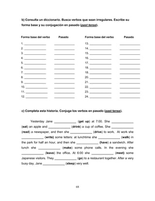 68
b) Consulta un diccionario. Busca verbos que sean irregulares. Escribe su
forma base y su conjugación en pasado (past tense).
CADI
c) Completa esta historia. Conjuga los verbos en pasado (past tense).
Yesterday Jane _____________ (get up) at 7:00. She _____________
(eat) an apple and _____________ (drink) a cup of coffee. She _____________
(read) a newspaper, and then she _____________ (drive) to work. At work she
_____________ (write) some letters: at lunchtime she _____________ (walk) in
the park for half an hour, and then she _____________ (have) a sandwich. After
lunch she _____________ (make) some phone calls. In the evening she
_____________ (leave) the office. At 6:00 she _____________ (meet) some
Japanese visitors. They _____________ (go) to a restaurant together. After a very
busy day, Jane _____________ (sleep) very well.
Forma base del verbo Pasado
1. ______________ _____________
2. ______________ _____________
3. ______________ _____________
4. ______________ _____________
5. ______________ _____________
6. ______________ _____________
7. ______________ _____________
8. ______________ _____________
9. ______________ _____________
10. ______________ _____________
11. ______________ _____________
12. ______________ _____________
Forma base del verbo Pasado
13. ______________ _____________
14. ______________ _____________
15. ______________ _____________
16. ______________ _____________
17. ______________ _____________
18. ______________ _____________
18. ______________ _____________
20. ______________ _____________
21. ______________ _____________
22. ______________ _____________
23. ______________ _____________
24. ______________ _____________
 