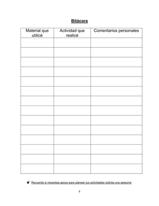8
Bitácora
Material que
utilicé
Actividad que
realicé
Comentarios personales
 Recuerda si necesitas apoyo para planear tus actividades solicita una asesoría
 