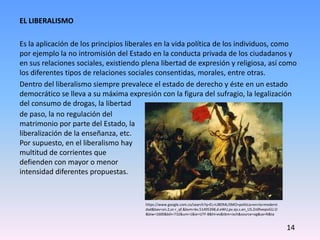 EL LIBERALISMO
Es la aplicación de los principios liberales en la vida política de los individuos, como
por ejemplo la no intromisión del Estado en la conducta privada de los ciudadanos y
en sus relaciones sociales, existiendo plena libertad de expresión y religiosa, así como
los diferentes tipos de relaciones sociales consentidas, morales, entre otras.
Dentro del liberalismo siempre prevalece el estado de derecho y éste en un estado
democrático se lleva a su máxima expresión con la figura del sufragio, la legalización
del consumo de drogas, la libertad
de paso, la no regulación del
matrimonio por parte del Estado, la
liberalización de la enseñanza, etc.
Por supuesto, en el liberalismo hay
multitud de corrientes que
defienden con mayor o menor
intensidad diferentes propuestas.
https://www.google.com.co/search?q=EL+LIBERALISMO+politica+en+la+moderni
dad&bav=on.2,or.r_qf.&bvm=bv.51495398,d.eWU,pv.xjs.s.en_US.Zn0fveqivGU.O
&biw=1600&bih=732&um=1&ie=UTF-8&hl=es&tbm=isch&source=og&sa=N&ta
14
 