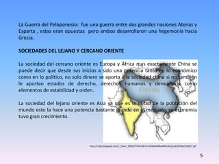La Guerra del Peloponesio: fue una guerra entre dos grandes naciones Atenas y
Esparta , estas eran opuestas pero ambos desarrollaron una hegemonía hacia
Grecia.
SOCIEDADES DEL LEJANO Y CERCANO ORIENTE
La sociedad del cercano oriente es Europa y África mas exactamente China se
puede decir que desde sus inicios a sido una potencia tanto en lo económico
como en lo político, no solo dinero se aporta a la sociedad china si no también
le aportan estados de derecho, derechos humanos y democracia como
elementos de estabilidad y orden.
La sociedad del lejano oriente es Asia ya que es la mitad de la población del
mundo esto la hace una potencia bastante grande en el mercado, su economía
tuvo gran crecimiento.
5
http://1.bp.blogspot.com/_15olv_SfBvE/TFbEm87d-DI/AAAAAAAAMUA/jzLqSt2ZHbs/s320/7.gif
 