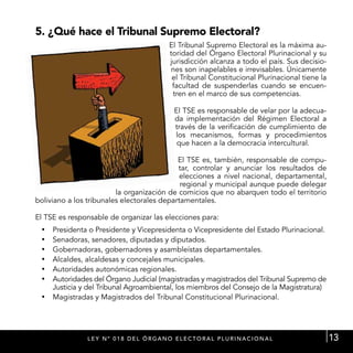 5. ¿Qué hace el Tribunal Supremo Electoral?
                                               El Tribunal Supremo Electoral es la máxima au-
                                               toridad del Órgano Electoral Plurinacional y su
                                               jurisdicción alcanza a todo el país. Sus decisio-
                                                nes son inapelables e irrevisables. Únicamente
                                                el Tribunal Constitucional Plurinacional tiene la
                                                facultad de suspenderlas cuando se encuen-
                                                tren en el marco de sus competencias.

                                                 El TSE es responsable de velar por la adecua-
                                                 da implementación del Régimen Electoral a
                                                 través de la verificación de cumplimiento de
                                                 los mecanismos, formas y procedimientos
                                                  que hacen a la democracia intercultural.

                                            El TSE es, también, responsable de compu-
                                            tar, controlar y anunciar los resultados de
                                             elecciones a nivel nacional, departamental,
                                             regional y municipal aunque puede delegar
                         la organización de comicios que no abarquen todo el territorio
boliviano a los tribunales electorales departamentales.

El TSE es responsable de organizar las elecciones para:
 •	 Presidenta o Presidente y Vicepresidenta o Vicepresidente del Estado Plurinacional.
 •	 Senadoras, senadores, diputadas y diputados.
 •	 Gobernadoras, gobernadores y asambleístas departamentales.
 •	 Alcaldes, alcaldesas y concejales municipales.
 •	 Autoridades autonómicas regionales.
 •	 Autoridades del Órgano Judicial (magistradas y magistrados del Tribunal Supremo de
    Justicia y del Tribunal Agroambiental, los miembros del Consejo de la Magistratura)
 •	 Magistradas y Magistrados del Tribunal Constitucional Plurinacional.




               L E Y N º 0 1 8 d el ó r g a n o E L E C T ORA L P L U R I N A C I O N A L           13
 