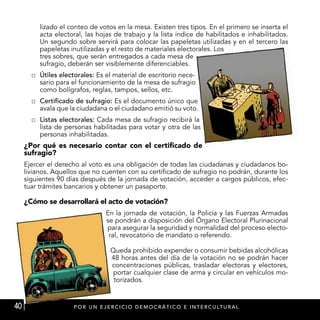 lizado el conteo de votos en la mesa. Existen tres tipos. En el primero se inserta el
          acta electoral, las hojas de trabajo y la lista índice de habilitados e inhabilitados.
          Un segundo sobre servirá para colocar las papeletas utilizadas y en el tercero las
          papeletas inutilizadas y el resto de materiales electorales. Los
          tres sobres, que serán entregados a cada mesa de
          sufragio, deberán ser visiblemente diferenciables.
       �	 Útiles electorales: Es el material de escritorio nece-
          sario para el funcionamiento de la mesa de sufragio
          como bolígrafos, reglas, tampos, sellos, etc.
       �	 Certificado de sufragio: Es el documento único que
          avala que la ciudadana o el ciudadano emitió su voto.
       �	 Listas electorales: Cada mesa de sufragio recibirá la
          lista de personas habilitadas para votar y otra de las
          personas inhabilitadas.
     ¿Por qué es necesario contar con el certificado de
     sufragio?
     Ejercer el derecho al voto es una obligación de todas las ciudadanas y ciudadanos bo-
     livianos. Aquellos que no cuenten con su certificado de sufragio no podrán, durante los
     siguientes 90 días después de la jornada de votación, acceder a cargos públicos, efec-
     tuar trámites bancarios y obtener un pasaporte.

     ¿Cómo se desarrollará el acto de votación?
                                   En la jornada de votación, la Policía y las Fuerzas Armadas
                                   se pondrán a disposición del Órgano Electoral Plurinacional
                                   para asegurar la seguridad y normalidad del proceso electo-
                                    ral, revocatorio de mandato o referendo.

                                     Queda prohibido expender o consumir bebidas alcohólicas
                                     48 horas antes del día de la votación no se podrán hacer
                                     concentraciones públicas, trasladar electoras y electores,
                                      portar cualquier clase de arma y circular en vehículos mo-
                                      torizados.


40                   P OR U N E J E R C I C I O D E M O C R Á T I C O E I N T E R C U LT U RA L
 