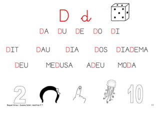 D d
DA
DIT

DAU

DEU

Raquel Girau i Susana Soler, mestres P.T.

DU

DE

DIA

MEDUSA

DO
DOS
ADEU

DI
DIADEMA
MODA

13

 
