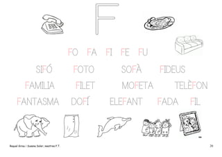 FO FA FI FE FU
SIFÓ

FOTO

SOFÀ

FAMILIA

FILET

MOFETA

FANTASMA

Raquel Girau i Susana Soler, mestres P.T.

DOFÍ

ELEFANT

FIDEUS
TELÈFON
FADA

FIL

20

 