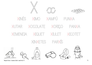 XINÉS
XUTAR
XEMENEIA

XIMO
XOCOLATE
XIQUET
XINXETES

Raquel Girau i Susana Soler, mestres P.T.

XAMPÚ
XORIÇO
XIULET

PUNXA
PANXA
XICOTET

PARXÍS

72

 