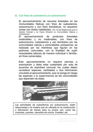 Elaborado por Ing. Forestal
Hugo Fredy Tueros Zevallos
Las actividades de subsistencia y/o autoconsumo, están
relacionadas a la madera que se utilizada en la construcción
o fabricación de bienes para su propio uso, como las
viviendas, puentes, utensilios de cocina, muebles, etc.
b) Con fines de subsistencia y/o autoconsumo
El aprovechamiento de recursos forestales en las
Comunidades Nativas con fines de subsistencia,
autoconsumo y con fines domésticos, no requieren
contar con títulos habilitantes. (Art. 24 del Reglamento para la
Gestión Forestal y de Fauna Silvestre en Comunidades Nativas y
Campesinas).
El aprovechamiento de productos forestales
maderables y no maderables, con fines de
autoconsumo, subsistencia y uso doméstico por las
comunidades nativas y comunidades campesinas, es
realizado por los miembros que figuran en los
padrones comunales, con la finalidad de suplir
necesidades básicas de manera individual o familiar,
sin fines comerciales.
Este aprovechamiento no requiere permiso o
autorización y debe estar sustentado por acta de
acuerdos de asamblea comunal, los cuales deben
considerar especies, cantidades u otra información
vinculada al aprovechamiento, que no ponga en riesgo
las especies y la supervivencia de las comunidades
que dependen de éstas.
 