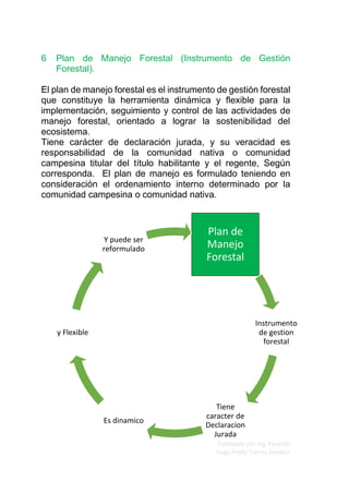 Elaborado por Ing. Forestal
Hugo Fredy Tueros Zevallos
6 Plan de Manejo Forestal (Instrumento de Gestión
Forestal).
El plan de manejo forestal es el instrumento de gestión forestal
que constituye la herramienta dinámica y flexible para la
implementación, seguimiento y control de las actividades de
manejo forestal, orientado a lograr la sostenibilidad del
ecosistema.
Tiene carácter de declaración jurada, y su veracidad es
responsabilidad de la comunidad nativa o comunidad
campesina titular del título habilitante y el regente, Según
corresponda. El plan de manejo es formulado teniendo en
consideración el ordenamiento interno determinado por la
comunidad campesina o comunidad nativa.
Plan de
Manejo
Forestal
Instrumento
de gestion
forestal
Tiene
caracter de
Declaracion
Jurada
Es dinamico
y Flexible
Y puede ser
reformulado
 