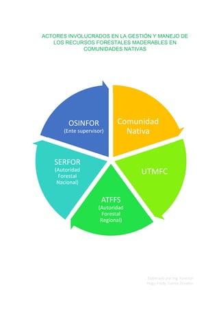 Elaborado por Ing. Forestal
Hugo Fredy Tueros Zevallos
Comunidad
Nativa
UTMFC
ATFFS
(Autoridad
Forestal
Regional)
SERFOR
(Autoridad
Forestal
Nacional)
OSINFOR
(Ente supervisor)
ACTORES INVOLUCRADOS EN LA GESTIÓN Y MANEJO DE
LOS RECURSOS FORESTALES MADERABLES EN
COMUNIDADES NATIVAS
 