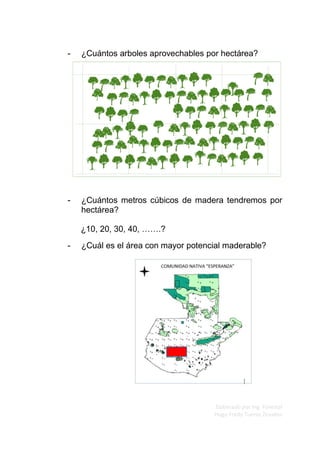 Elaborado por Ing. Forestal
Hugo Fredy Tueros Zevallos
- ¿Cuántos arboles aprovechables por hectárea?
- ¿Cuántos metros cúbicos de madera tendremos por
hectárea?
¿10, 20, 30, 40, …….?
- ¿Cuál es el área con mayor potencial maderable?
 
