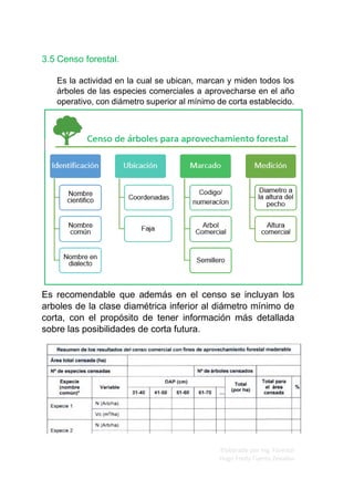 Elaborado por Ing. Forestal
Hugo Fredy Tueros Zevallos
3.5 Censo forestal.
Es la actividad en la cual se ubican, marcan y miden todos los
árboles de las especies comerciales a aprovecharse en el año
operativo, con diámetro superior al mínimo de corta establecido.
Es recomendable que además en el censo se incluyan los
arboles de la clase diamétrica inferior al diámetro mínimo de
corta, con el propósito de tener información más detallada
sobre las posibilidades de corta futura.
 