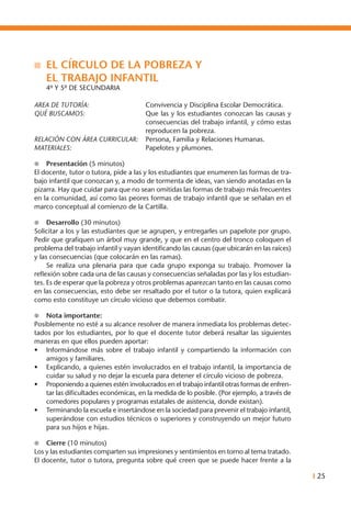 I 25
n	 EL CÍRCULO DE LA POBREZA Y
	EL TRABAJO INFANTIL
	 4º Y 5º DE SECUNDARIA
AREA DE TUTORÍA: 	 Convivencia y Disciplina Escolar Democrática.
Qué buscamos: 	 Que las y los estudiantes conozcan las causas y
consecuencias del trabajo infantil, y cómo estas
reproducen la pobreza.
RELACIÓN CON ÁREA CURRICULAR:	 Persona, Familia y Relaciones Humanas.
MATERIALES: 	 Papelotes y plumones.
l	 Presentación (5 minutos)
El docente, tutor o tutora, pide a las y los estudiantes que enumeren las formas de tra-
bajo infantil que conozcan y, a modo de tormenta de ideas, van siendo anotadas en la
pizarra. Hay que cuidar para que no sean omitidas las formas de trabajo más frecuentes
en la comunidad, así como las peores formas de trabajo infantil que se señalan en el
marco conceptual al comienzo de la Cartilla.
l	 Desarrollo (30 minutos)
Solicitar a los y las estudiantes que se agrupen, y entregarles un papelote por grupo.
Pedir que grafiquen un árbol muy grande, y que en el centro del tronco coloquen el
problema del trabajo infantil y vayan identificando las causas (que ubicarán en las raíces)
y las consecuencias (que colocarán en las ramas).
	 Se realiza una plenaria para que cada grupo exponga su trabajo. Promover la
reflexión sobre cada una de las causas y consecuencias señaladas por las y los estudian-
tes. Es de esperar que la pobreza y otros problemas aparezcan tanto en las causas como
en las consecuencias, esto debe ser resaltado por el tutor o la tutora, quien explicará
como esto constituye un círculo vicioso que debemos combatir.
l	 Nota importante:
Posiblemente no esté a su alcance resolver de manera inmediata los problemas detec-
tados por los estudiantes, por lo que el docente tutor deberá resaltar las siguientes
maneras en que ellos pueden aportar:
•	 Informándose más sobre el trabajo infantil y compartiendo la información con
amigos y familiares.
•	 Explicando, a quienes estén involucrados en el trabajo infantil, la importancia de
cuidar su salud y no dejar la escuela para detener el círculo vicioso de pobreza.
•	 Proponiendo a quienes estén involucrados en el trabajo infantil otras formas de enfren-
tar las dificultades económicas, en la medida de lo posible. (Por ejemplo, a través de
comedores populares y programas estatales de asistencia, donde existan).
•	 Terminando la escuela e insertándose en la sociedad para prevenir el trabajo infantil,
superándose con estudios técnicos o superiores y construyendo un mejor futuro
para sus hijos e hijas.
l 	 Cierre (10 minutos)
Los y las estudiantes comparten sus impresiones y sentimientos en torno al tema tratado.
El docente, tutor o tutora, pregunta sobre qué creen que se puede hacer frente a la
 