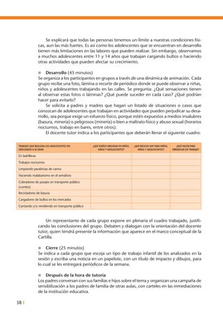 38 I
	 Se explicará que todas las personas tenemos un límite a nuestras condiciones físi-
cas, aun las más fuertes. Es así como los adolescentes que se encuentran en desarrollo
tienen más limitaciones en las labores que pueden realizar. Sin embargo, observamos
a muchos adolescentes entre 11 y 14 años que trabajan cargando bultos o haciendo
otras actividades que pueden afectar su crecimiento.
l	 Desarrollo (45 minutos)
Se organiza a los participantes en grupos a través de una dinámica de animación. Cada
grupo recibe una foto, lámina o recorte de periódico donde se puede observar a niñas,
niños y adolescentes trabajando en las calles. Se pregunta: ¿Qué sensaciones tienen
al observar estas fotos o láminas? ¿Qué puede suceder en cada caso? ¿Qué podrían
hacer para evitarlo?
	 Se solicita a padres y madres que hagan un listado de situaciones o casos que
conozcan de adolescentes que trabajan en actividades que pueden perjudicar su desa-
rrollo, sea porque exige un esfuerzo físico, porque estén expuestos a medios insalubres
(basura, minería) o peligrosos (minería) o bien a maltrato físico y abuso sexual (horarios
nocturnos, trabajo en bares, entre otros).
	 El docente tutor indica a los participantes que deberán llenar el siguiente cuadro:
Trabajos que realizan los adolescentes no
adecuados a su edad
¿Qué daños originan en niños,
niñas y adolescentes?
¿Qué riesgos hay para niños,
niñas y adolescentes?
¿Qué hacer para
erradicar ese trabajo?
En ladrilleras
Trabajos nocturnos
Limpiando parabrisas de carros
Haciendo malabarismo en el semáforo
Cobradores de pasajes en transporte público
(combis)
Recicladores de basura
Cargadores de bultos en los mercados
Cantando y/o vendiendo en transporte público
	 Un representante de cada grupo expone en plenaria el cuadro trabajado, justifi-
cando las conclusiones del grupo. Debaten y dialogan con la orientación del docente
tutor, quien tendrá presente la información que aparece en el marco conceptual de la
Cartilla.
l	 Cierre (25 minutos)
Se indica a cada grupo que escoja un tipo de trabajo infantil de los analizados en la
sesión y escriba una noticia en un papelote, con un título de impacto y dibujos, para
lo cual se les entregará periódicos de la semana.
l	 Después de la hora de tutoría
Los padres conversan con sus familias e hijos sobre el tema y organizan una campaña de
sensibilización a los padres de familia de otras aulas, con carteles en las inmediaciones
de la institución educativa.
 