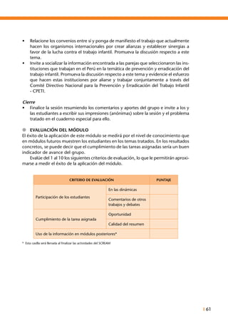 I 61
•	 Relacione los convenios entre sí y ponga de manifiesto el trabajo que actualmente
hacen los organismos internacionales por crear alianzas y establecer sinergias a
favor de la lucha contra el trabajo infantil. Promueva la discusión respecto a este
tema.
•	 Invite a socializar la información encontrada a las parejas que seleccionaron las ins-
tituciones que trabajan en el Perú en la temática de prevención y erradicación del
trabajo infantil. Promueva la discusión respecto a este tema y evidencie el esfuerzo
que hacen estas instituciones por aliarse y trabajar conjuntamente a través del
Comité Directivo Nacional para la Prevención y Erradicación del Trabajo Infantil
- CPETI.
Cierre
•	 Finalice la sesión resumiendo los comentarios y aportes del grupo e invite a los y
las estudiantes a escribir sus impresiones (anónimas) sobre la sesión y el problema
tratado en el cuaderno especial para ello.
l	 Evaluación del Módulo
El éxito de la aplicación de este módulo se medirá por el nivel de conocimiento que
en módulos futuros muestren los estudiantes en los temas tratados. En los resultados
concretos, se puede decir que el cumplimiento de las tareas asignadas sería un buen
indicador de avance del grupo.
	 Evalúe del 1 al 10 los siguientes criterios de evaluación, lo que le permitirán aproxi-
marse a medir el éxito de la aplicación del módulo.
CRITERIO DE EVALUACIÓN PUNTAJE
Participación de los estudiantes
En las dinámicas
Comentarios de otros
trabajos y debates
Cumplimiento de la tarea asignada
Oportunidad
Calidad del resumen
Uso de la información en módulos posteriores*
* Esta casilla será llenada al finalizar las actividades del SCREAM
 