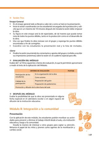 I 69
n	 Sesión Tres
Ensayo General
•	 En el ensayo general todo se llevará a cabo tal y como se hará en la presentación.
•	 Inicie la sesión coordinando con los estudiantes encargados de la producción y soli-
cite que en un máximo de 10 minutos después de iniciada la sesión debe empezar
la obra.
•	 Su figura en este ensayo será la de espectador, de tal manera que pueda tomar
nota de todos los puntos débiles, tanto en la producción como en el desarrollo de
la obra.
•	 Una vez que finalice la obra reúnase con el grupo y exponga los puntos débiles
encontrados a fin de corregirlos.
•	 Coordine con los estudiantes la presentación real y la lista de invitados.
Cierre
•	 Finalice la sesión resumiendo los comentarios y aportes del grupo e invítelos a escribir
sus impresiones (anónimas) sobre la sesión en el cuaderno especial para ello.
l	 Evaluación del módulo
Evalúe del 1 al 10 los siguientes criterios de evaluación, lo que le permitirán aproximarse
a medir el éxito de la aplicación del Módulo.
CRITERIO DE EVALUACIÓN PUNTAJE
Participación de los
estudiantes
En la organización de la obra
Como actores
Calidad de la
participación
Preparación del guión
Preparación de parlamentos
Promoción y difusión de la obra fuera del aula
l	 Después del Módulo
Evalúe la posibilidad de que la obra sea presentada en alguna
fecha especial en el calendario escolar o en algún espacio de
difusión de la institución educativa.
Módulo 8: Integración a la comunidad
Presentación
Con la aplicación de este módulo, los estudiantes podrán movilizar sus activi-
dades para prevenir y eliminar el trabajo infantil desde el aula, a la institución
educativa y luego a la comunidad.
	 Estudia la manera de interesar a otros grupos para captar su atención.
Refuerza el papel de los niños y jóvenes como agentes de la movilización y
cambio social.
 