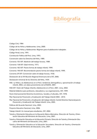 I 87
Bibliografía
Código Civil, 1984
Código de los Niños y Adolescentes. Lima, 2000.
Código de los Niños y Adolescentes: Régimen para el adolescente trabajador.
Código Penal, Lima, 1991.
Constitución Política del Perú. Lima, 1993.
Convención sobre los Derechos del Niño, 1989.
Convenio 105 OIT: Abolición del trabajo forzoso, 1989.
Convenio 138 OIT: Edad mínima, 1973.
Convenio 182 OIT: Peores formas de trabajo infantil, 1999.
Convenio 190 OIT: Recomendación peores formas de trabajo infantil, 1999.
Convenio 29 OIT: Convención sobre el trabajo forzoso, 1930.
Declaración de la XVI Reunión Regional Americana de la OIT, 2006.
Declaración Universal de los Derechos del Niño, 1959.
INEI. La Niñez y la Adolescencia en el Perú: tendencias demográficas y aproximación al trabajo
infantil, 2002, con datos provenientes de la ENAHO, 2001.
INEI-OIT. Visión del Trabajo Infantil y Adolescente en el Perú: 2001. Lima, 2002.
Material didáctico para profesores, educadores y sus organizaciones, OIT, 1999.
Pacto Internacional de Derechos Económicos, Sociales y Culturales, OIT, 1978.
Plan Nacional de Prevención y Erradicación del Trabajo Infantil 2005 - 2010.
Plan Nacional de Prevención y Erradicación del trabajo infantil, Comité Directivo Nacional para la
Prevención y Erradicación del Trabajo Infantil. Lima, 2005.
Políticas del Acuerdo Nacional. Lima, 2002.
Proyecto Educativo Nacional, Lima, 2006.
Trabajo Infantil: Un manual para estudiantes, OIT, 2004.
Tutoría y Orientación Educativa en la Educación Básica Alternativa. Dirección de Tutoría y Orien-
tación Educativa del Ministerio de Educación, Lima, 2007.
Tutoría y Orientación Educativa en la Educación Primaria. Dirección de Tutoría y Orientación Edu-
cativa del Ministerio de Educación, Lima, 2007.
Tutoría y Orientación Educativa en la Educación Secundaria. Dirección de Tutoría y Orientación
Educativa del Ministerio de Educación, Lima, 2007.
 