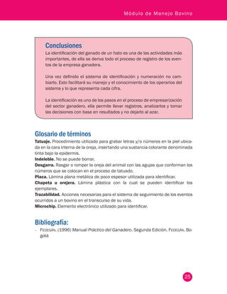 25
Módulo de Manejo Bovino
Conclusiones
La identificación del ganado de un hato es una de las actividades más
importantes, de ella se deriva todo el proceso de registro de los even-
tos de la empresa ganadera.
Una vez definido el sistema de identificación y numeración no cam-
biarlo. Esto facilitará su manejo y el conocimiento de los operarios del
sistema y lo que representa cada cifra.
La identificación es uno de los pasos en el proceso de empresarización
del sector ganadero, ella permite llevar registros, analizarlos y tomar
las decisiones con base en resultados y no dejarlo al azar.
Glosario de términos
Tatuaje. Procedimiento utilizado para grabar letras y/o números en la piel ubica-
da en la cara interna de la oreja, insertando una sustancia colorante denominada
tinta bajo la epidermis.
Indeleble. No se puede borrar.
Desgarra. Rasgar o romper la oreja del animal con las agujas que conforman los
números que se colocan en el proceso de tatuado.
Placa. Lámina plana metálica de poco espesor utilizada para identificar.
Chapeta u orejera. Lámina plástica con la cual se pueden identificar los
ejemplares.
Trazabilidad. Acciones necesarias para el sistema de seguimiento de los eventos
ocurridos a un bovino en el transcurso de su vida.
Microchip. Elemento electrónico utilizado para identificar.
Bibliografía:
−− Fedegán. (1996) Manual Práctico del Ganadero. Segunda Edición. Fedegán. Bo-
gotá
 
