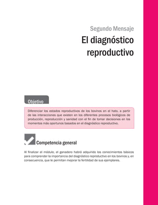 Segundo Mensaje
El diagnóstico
reproductivo
Objetivo
Diferenciar los estados reproductivos de los bovinos en el hato, a partir
de las interacciones que existen en los diferentes procesos biológicos de
producción, reproducción y sanidad con el fin de tomar decisiones en los
momentos más oportunos basados en el diagnóstico reproductivo.
	 Competencia general
Al finalizar el módulo, el ganadero habrá adquirido los conocimientos básicos
para comprender la importancia del diagnóstico reproductivo en los bovinos y, en
consecuencia, que le permitan mejorar la fertilidad de sus ejemplares.
 