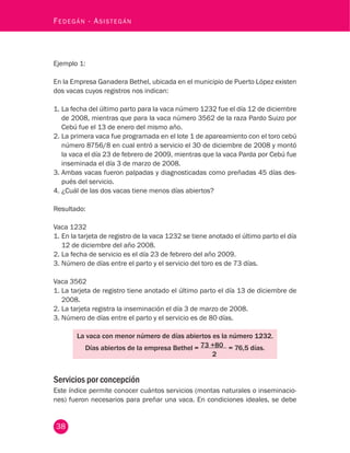 38
Fedegán - Asistegán
Ejemplo 1:
En la Empresa Ganadera Bethel, ubicada en el municipio de Puerto López existen
dos vacas cuyos registros nos indican:
1.	La fecha del último parto para la vaca número 1232 fue el día 12 de diciembre
de 2008, mientras que para la vaca número 3562 de la raza Pardo Suizo por
Cebú fue el 13 de enero del mismo año.
2.	La primera vaca fue programada en el lote 1 de apareamiento con el toro cebú
número 8756/8 en cual entró a servicio el 30 de diciembre de 2008 y montó
la vaca el día 23 de febrero de 2009, mientras que la vaca Parda por Cebú fue
inseminada el día 3 de marzo de 2008.
3.	Ambas vacas fueron palpadas y diagnosticadas como preñadas 45 días des-
pués del servicio.
4.	¿Cuál de las dos vacas tiene menos días abiertos?
Resultado:
Vaca 1232
1.	En la tarjeta de registro de la vaca 1232 se tiene anotado el último parto el día
12 de diciembre del año 2008.
2.	La fecha de servicio es el día 23 de febrero del año 2009.
3.	Número de días entre el parto y el servicio del toro es de 73 días.
Vaca 3562
1.	La tarjeta de registro tiene anotado el último parto el día 13 de diciembre de
2008.
2.	La tarjeta registra la inseminación el día 3 de marzo de 2008.
3.	Número de días entre el parto y el servicio es de 80 días.
La vaca con menor número de días abiertos es la número 1232.
Días abiertos de la empresa Bethel = 73 +80 = 76,5 días.
		 2
Servicios por concepción
Este índice permite conocer cuántos servicios (montas naturales o inseminacio-
nes) fueron necesarios para preñar una vaca. En condiciones ideales, se debe
 