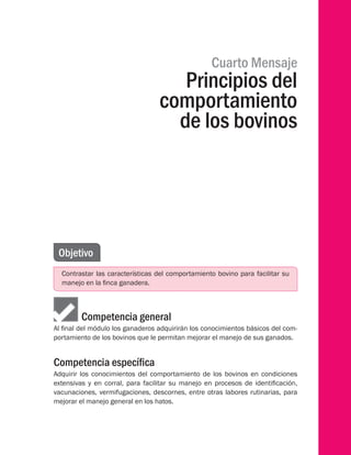 Cuarto Mensaje
Principios del
comportamiento
de los bovinos
Objetivo
Contrastar las características del comportamiento bovino para facilitar su
manejo en la finca ganadera.
Competencia general
Al final del módulo los ganaderos adquirirán los conocimientos básicos del com-
portamiento de los bovinos que le permitan mejorar el manejo de sus ganados.
Competencia específica
Adquirir los conocimientos del comportamiento de los bovinos en condiciones
extensivas y en corral, para facilitar su manejo en procesos de identificación,
vacunaciones, vermifugaciones, descornes, entre otras labores rutinarias, para
mejorar el manejo general en los hatos.
 