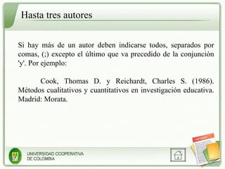 Hasta tres autores Si hay más de un autor deben indicarse todos, separados por comas, (;) excepto el último que va precedido de la conjunción 'y'. Por ejemplo: Cook, Thomas D. y Reichardt, Charles S. (1986). Métodos cualitativos y cuantitativos en investigación educativa. Madrid: Morata. 