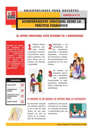 Mostrar afectos
positivos, son-
risas, mostrar
entusiasmo, comenta-
rios positivos, expec-
tativas positivas, res-
peto, llamar por su
nombre, voz calmada
y agradable.
Responder a las
necesidades de
los estudiantes,
apoyarlos y brindarles
seguridad, reconocer
las emociones y respon-
der oportunamente a los
problemas de los estu-
diantes
Se enfatiza los
intereses, opinio-
nes y motivación
del estudiante.
Promoviendo la inde-
pendencia, responsabi-
lidad y liderazgo de su
aprendizaje.
EL APOYO EMOCIONAL ESTÁ DIVIDIDO EN 3 DIMENSIONES
El DOCENTE ES UN MODELO DE ACTITUD PARA SU ESTUDIANTE
Los docentes cumplen
una función importan-
te en la vida de cada
uno(a) de sus estu-
diantes, no solo se
centra en la transmi-
sión de conocimientos
académicos, sino que se
convierte en un modelo
de actitudes personales
y emocionales para sus
estudiantes
Cuando los docen-
tes aseguran en
brindar en sus au-
las, un clima positi-
vo, confortable,
sensible y seguro
hacia sus estudian-
tes, logran que
ellos tengan un ma-
yor compromiso en
el proceso de
aprendizaje.
ACOMPAÑAMIENTO EMOCIONAL DESDE LA
PRÁCTICA PEDAGÓGICA
O R I E N T A C I O N E S P A R A D O C E N T E S
CARTILLA N°5
CLIMA POSITIVO
SENSIBILIDAD DEL
DOCENTE
CONSIDERAR LA PERS-
PECTIVA DEL ESTU-
DIANTE
MODELO A SEGUIR
Contenido:
Comp. Equipo de Convivencia Escolar
 