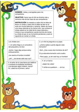 NOMBRE: risitas y carcajadas para mis
compañeros.
OBJETIVO: hacer que el niño se divierta más y
conozca más de las risas de sus compañeros.
INSTRUCCIÓN: la maestra a cada niño le debe de
llevar un chiste y cada niño lo debe de leer en el
aula con mucha atención y carisma. deben de hacer
una mesa redonda en la cual el niño, que contara el
chiste estará en la mitad de la mesa redonda y
mirara a sus compañeros cuando termine de contar
su chiste el que no se ría tendrá penitencia y será el
siguiente en contar un chiste.
Los chistes son :
1. Un señor llega a un consultorio
del psiquiatra y le dice:
-doctor, haga algo porque estoy
enloqueciendo.
¡me siento el hombre invisible!
-¡eh!, ¿ de donde salio esa voz?
2. un niño le pregunta a su papa:
-¿Cómo sabes cuando alguien esta
borracho?
-fácil. ¿Ves a esos dos hombres de ahí?
Si yo estuviera borracho vería cuatro.
- Pero papa, ¡si ahí solo hay un hombre!
3. el señor de la casa llama por teléfono
y contesta la empleada doméstica:
-¿ha llamado algún imbécil, maría?
-no, usted es el primero, señor.
4. en un barco:
-¡bajen las velas!
Y arriba se quedaron….. sin luz.
 