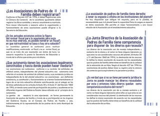 Pagina 22 Página 23
La Responsabilidad de Ser un Personero Estudiantil La Responsabilidad de Ser un Personero Estudiantil
¿En los actuales estatutos existe la figura
La asamblea general es autónoma para realizar
modificaciones, nombrando un fiscal y no un revisor fiscal, ya
que no se trata de una asociación con ánimo de lucro. La
asesoría respectiva la presta la Secretaría de Educación a
través de la oficina que existe para tal efecto.
Conforme al Decreto 427 de 1996, sí deben registrarsen ante
la Cámara de Comercio de la Localidad, igualmente deben
registrar los libros contables y renovar anualmente su matrícula.
Para mayor información y asesoría sobre la organización y
funcionamiento de estas asociaciones puede dirigirse a la
Secretaría de Educación.
¿Las Asociaciones de Padres de
Familia deben registrarse?
del revisor fiscal para la asociación pero esto
en que normatividad se basa o hay otra solución?
no es muy oneroso, es posible nombrar un fiscal?,
Las asociaciones son autónomas conforme a su carácter de entidades de
utilidad común, independientes del plantel educativo esa autonomía está
referida al carácter de entidad de utilidad común, cuya existencia jurídica es
independiente de la del plantel educativo. Las asociaciones por definición
estatutaria, su constitución y funcionamiento se orientan fundamentalmente al
logro de un servicio educativo eficiente contribuyendo con el colegio en los
términos señalados en los artículos Artículo 30 y Artículo 31 del Decreto 1860
de 1994, sirviendo como canal de participación de padres y acudientes en los
diferentes órganos del Gobierno Escolar desarrollando así el principio de la
autonomía.
La gestión de veeduría la esta ejerciendo en forma permanente la
Asociación de padres de familia a través de su participación en los órganos
del Gobierno Escolar, en el Consejo de Padres de Familia y aún,
indirectamente, en la representación de los padres de la Junta Municipal de
Educación.
¿Que autonomía tienen las asociaciones legalmente
constituidas y hasta donde pueden hacer veeduría?
No hay disposición que obligue tal requisito, pero en lo posible, es
recomendable que si el plantel tiene la capacidad física le asigne un espacio
en dicha asociación. Ello permite un mejor funcionamiento y una mayor
relación de la Asociación con el establecimiento educativo.
¿La asociación de padres de familia tiene derecho
a tener su espacio u oficina en las instituciones del plantel?
¿La Junta Directiva de la Asociación de
Padres de Familia tiene competencia
para disponer de los dineros que recauda?
Los dineros de la asociación son de manejo independiente y
exclusivo de la misma y el rector no tiene ninguna injerencia ya
que estos no son considerados recursos del plantel. (Artículos 30
y 31 del Decreto 1860 de 1994). La destinación de los recursos
la define la misma asociación de acuerdo con las necesidades
que los padres de familia determinen en beneficio de la calidad
de la educación de sus hijos. Según el decreto 427 de 1996 las
asociaciones de padres deben tener su registro ante la cámara
de comercio que es equivalente a la personería jurídica.
Los dineros de la asociación son de su manejo exclusivo y el
rector no tiene ninguna injerencia sobre ellos ya que estos no son
considerados recursos del plantel. La destinación de los recursos
los define la misma asociación de acuerdo con las necesidades
que los padres de familia determinen en beneficio de la calidad
de la educación de sus hijos.
¿Es verdad que si no se tiene personería jurídica la
Junta no puede manejar los dineros recaudados
por esta y entonces tales dineros quedan como
competenciaexclusivadelrector?
 