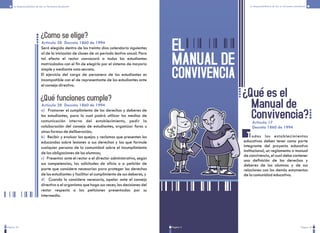 Pagina 26 Página 27
La Responsabilidad de Ser un Personero Estudiantil La Responsabilidad de Ser un Personero Estudiantil
¿Como se elige?
Será elegido dentro de los treinta días calendario siguientes
al de la iniciación de clases de un período lectivo anual. Para
tal efecto el rector convocará a todos los estudiantes
matriculados con el fin de elegirlo por el sistema de mayoría
simple y mediante voto secreto.
El ejercicio del cargo de personero de los estudiantes es
incompatible con el de representante de los estudiantes ante
el consejo directivo.
Artículo 28 Decreto 1860 de 1994
¿Qué funciones cumple?
a)
b)
c)
d)
Promover el cumplimiento de los derechos y deberes de
los estudiantes, para lo cual podrá utilizar los medios de
comunicación interna del establecimiento, pedir la
colaboración del consejo de estudiantes, organizar foros u
otras formas de deliberación;
Recibir y evaluar las quejas y reclamos que presenten los
educandos sobre lesiones a sus derechos y las que formule
cualquier persona de la comunidad sobre el incumplimiento
de las obligaciones de los alumnos;
Presentar ante el rector o el director administrativo, según
sus competencias, las solicitudes de oficio o a petición de
parte que considere necesarias para proteger los derechos
de los estudiantes y facilitar el cumplimiento de sus deberes, y
Cuando lo considere necesario, apelar ante el consejo
directivo o el organismo que haga sus veces, las decisiones del
rector respecto a las peticiones presentadas por su
intermedio.
Artículo 28 Decreto 1860 de 1994
EL
MANUAL DE
CONVIVENCIA
¿Qué es el
Manual de
Convivencia?
odos los establecimientos
educativos deben tener como parte
integrante del proyecto educativo
institucional, un reglamento o manual
de convivencia, el cual debe contener
una definición de los derechos y
deberes de los alumnos y de sus
relaciones con los demás estamentos
de la comunidad educativa.
Pagina 4
T
Artículo 17
Decreto 1860 de 1994
 