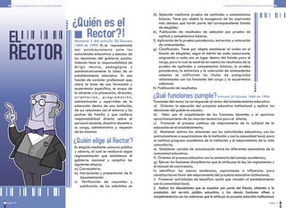 EL
RECTOR
Pagina 10 Página 11
La Responsabilidad de Ser un Personero Estudiantil La Responsabilidad de Ser un Personero Estudiantil
¿Quién es el
Rector?Numeral 3 del artículo 20 Decreto
1860 de 1994. Es el representante
del establecimiento ante las
autoridades educativas y ejecutor de
las decisiones del gobierno escolar.
Además tiene la responsabilidad de
dirigir técnica, pedagógica y
administrativamente la labor de un
establecimiento educativo. Es una
función de carácter profesional que,
sobre la base de una formación y
experiencia específica, se ocupa de
lo atinente a la planeación, dirección,
orientación, programación,
administración y supervisión de la
educación dentro de una institución,
de sus relaciones con el entorno y los
padres de familia y que conlleva
responsabilidad directa sobre el
personal docente, directivo docente a
su cargo, administrativo y respecto
de los alumnos
d). Selección mediante prueba de aptitudes y competencias
básicas. Tiene por objeto la escogencia de los aspirantes
más idóneos que harán parte del correspondiente listado
de elegibles.
e). Publicación de resultados de selección por prueba de
aptitud y competencias básicas.
f). Aplicación de la prueba psicotécnica, entrevista y valoración
de antecedentes.
g). Clasificación. Tiene por objeto establecer el orden en el
listado de elegibles, según el mérito de cada concursante,
asignando a cada uno un lugar dentro del listado para el
cargo, para lo cual se tendrán en cuenta los resultados de la
prueba de aptitudes y competencias básicas; la prueba
psicotécnica; la entrevista y la valoración de antecedentes
además se calificarán los títulos de postgrados
relacionados con las funciones del cargo y la experiencia
adicional.
h). Publicación de resultados.
¿Quién elige al Rector?
Es elegido mediante concurso público
y abierto, el cual se realizará según
reglamentación que establezca el
gobierno nacional y cumplirá las
siguientes etapas:
a). Convocatoria.
b). Inscripciones y presentación de la
documentación.
c). Verificación de requisitos y
publicación de los admitidos en
¿Qué funciones cumple?
Funciones del rector. Le corresponde al rector del establecimiento educativo:
a) Orientar la ejecución del proyecto educativo institucional y aplicar las
decisiones del gobierno escolar;
b) Velar por el cumplimiento de las funciones docentes y el oportuno
aprovisionamiento de los recursos necesarios para el efecto;
c) Promover el proceso continuo de mejoramiento de la calidad de la
educación en el establecimiento;
d) Mantener activas las relaciones con las autoridades educativas, con los
patrocinadores o auspiciadores de la institución y con la comunidad local, para
el continuo progreso académico de la institución y el mejoramiento de la vida
comunitaria;
e) Establecer canales de comunicación entre los diferentes estamentos de la
comunidad educativa;
f) Orientar el proceso educativo con la asistencia del consejo académico;
g) Ejercer las funciones disciplinarias que le atribuyan la ley, los reglamentos y
el manual de convivencia;
h) Identificar las nuevas tendencias, aspiraciones e influencias para
canalizarlas en favor del mejoramiento del proyecto educativo institucional;
i) Promover actividades de beneficio social que vinculen al establecimiento
con la comunidad local;
j) Aplicar las disposiciones que se expidan por parte del Estado, atinentes a la
prestación del servicio público educativo, y las demás funciones afines o
complementarias con las anteriores que le atribuya el proyecto educativo institucional.
Artículo 25 Decreto 1860 de 1994.
 