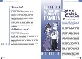 Pagina 18 Página 19
La Responsabilidad de Ser un Personero Estudiantil La Responsabilidad de Ser un Personero Estudiantil
¿Cómo se elige?
El consejo directivo deberá convocar, en una
fecha dentro de las cuatro primeras semanas del
calendario académico, sendas asambleas
integradas por los alumnos que cursen cada
grado, con el fin de que elijan de su seno
mediante votación secreta, un vocero estudiantil
para el año lectivo en curso.
Los alumnos del nivel preescolar y de los tres
primeros grados del ciclo de primaria, serán
convocados a una asamblea conjunta para elegir
un vocero único entre los estudiantes que cursan el
tercer grado.
Artículo 29
Decreto 1860 de 1994.
¿Qué funciones cumple?
a)
b)
c)
d)
Darse su propia organización interna;
Elegir el representante de los estudiantes ante el consejo
directivo del establecimiento y asesorarlo en el
cumplimiento de su representación;
Invitar a sus deliberaciones a aquellos estudiantes que
presenten iniciativas sobre el desarrollo de la vida
estudiantil, y
Las demás actividades afines o complementarias con las
anteriores que le atribuya el manual de convivencia.
Artículo 29
Decreto 1860 de 1994.
LA
ASOCIACIÓN
DE PADRES DE
FAMILIA
¿Qué es el
Derecho de
Asociación?
Nuestra Constitución Política en su
artículo 38 consagra que:
El derecho de asociación consiste en la
libre disponibilidad de los ciudadanos
para constituir formalmente, con otros
ciudadanos, agrupaciones permanentes
encaminadas a la consecución de fines
específicos, de carácter no lucrativo. En
cierta forma, el derecho de asociación es
en efecto, una prolongación de las
libertades de pensamiento, expresión y
reunión los hombres que son libres para
pensar y para expresar sus pensamientos
se reúnen para realizar colectivamente
esa expresión y se asocian para defender
conjuntamente las ideas que comparten y
una antesala de los derechos de
participación, en la medida en que, en las
democracias actuales, la participación
política se canaliza preferentemente a
través de formas específicas de
asociaciones, entre las que partidos
políticos y sindicatos ocupan un lugar
señalado. ( GARCÍA, Joaquín. Los derechos
políticos, el derecho de reunión, el derecho
de asociación; derecho constitucional, vol. I,
Tivan Lo Blanch, págs. 249 y 250).
“Se garantiza el
derecho de libre asociación para el
desarrollo de las distintas actividades que las
personas realizan en sociedad”
 