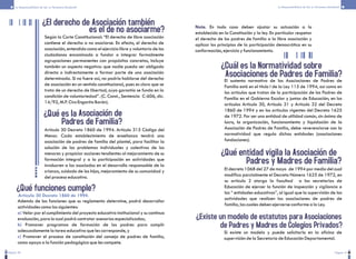 Pagina 20 Página 21
La Responsabilidad de Ser un Personero Estudiantil La Responsabilidad de Ser un Personero Estudiantil
¿El derecho de Asociación también
Según la Corte Constitucional: “El derecho de libre asociación
contiene el derecho a no asociarse. En efecto, el derecho de
asociación, entendido como el ejercicio libre y voluntario de los
ciudadanos encaminado a fundar o integrar formalmente
agrupaciones permanentes con propósitos concretos, incluye
también un aspecto negativo: que nadie pueda ser obligado
directa o indirectamente a formar parte de una asociación
determinada. Si no fuere así, no podría hablarse del derecho
de asociación en un sentido constitucional, pues es claro que se
trata de un derecho de libertad, cuya garantía se funda en la
condición de voluntariedad”. (C. Const., Sentencia C-606, dic.
14/92, M.P. Ciro Engarita Barón).
es el de no asociarme?
¿Qué es la Asociación de
Padres de Familia?
Artículo 30 Decreto 1860 de 1994. Artículo 315 Código del
Menor. Cada establecimiento de enseñanza tendrá una
asociación de padres de familia del plantel, para facilitar la
solución de los problemas individuales y colectivos de los
menores y propiciar acciones tendientes al mejoramiento de su
formación integral y a la participación en actividades que
involucren a los asociados en el desarrollo responsable de la
crianza, cuidado de los hijos, mejoramiento de su comunidad y
del proceso educativo.
¿Qué funciones cumple?
Además de las funciones que su reglamento determine, podrá desarrollar
actividades como las siguientes:
Velar por el cumplimiento del proyecto educativo institucional y su continua
evaluación, para lo cual podrá contratar asesorías especializadas;
Promover programas de formación de los padres para cumplir
adecuadamente la tarea educativa que les corresponde, y
Promover el proceso de constitución del consejo de padres de familia,
como apoyo a la función pedagógica que les compete.
a)
b)
c)
Artículo 30 Decreto 1860 de 1994.
Nota. En todo caso deben ajustar su actuación a lo
establecido en la Constitución y la ley. En particular respetar
el derecho de los padres de familia a la libre asociación y
aplicar los principios de la participación democrática en su
conformación, ejercicio y funcionamiento.
El sustento normativo de las Asociaciones de Padres de
Familia está en el título I de la Ley 115 de 1994, así como en
los artículos que tratan de la participación de los Padres de
Familia en el Gobierno Escolar y juntas de Educación; en los
artículos Artículo 30, Artículo 31 y Artículo 32 del Decreto
1860 de 1994 y en los artículos vigentes del Decreto 1625
de 1972. Por ser una entidad de utilidad común, sin ánimo de
lucro, la organización, funcionamiento y liquidación de la
Asociación de Padres de Familia, debe reverenciarse con la
normatividad que regula dichas entidades (asociaciones
fundaciones).
¿Cuál es la Normatividad sobre
Asociaciones de Padres de Familia?
El decreto 1068 del 27 de mayo de 1994 por medio del cual
modifica parcialmente el Decreto Número 1625 de 1972, en
su artículo 2 otorga la facultad a las secretarias de
Educación de ejercer la función de inspección y vigilancia a
las “ entidades educativas”, al igual que la supervisión de las
actividades que realicen las asociaciones de padres de
familia, las cuales deben ejercerse conforme a la Ley.
¿Qué entidad vigila la Asociación de
Padres y Madres de Familia?
¿Existe un modelo de estatutos para Asociaciones
de Padres y Madres de Colegios Privados?
Si existe un modelo y puede solicitarlo en la oficina de
supervisión de la Secretaría de Educación Departamental.
 