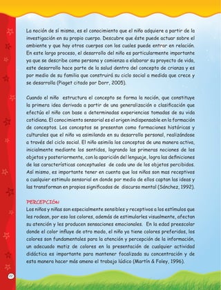 22
La noción de sí mismo, es el conocimiento que el niño adquiere a partir de la
investigación en su propio cuerpo. Descubre que éste puede actuar sobre el
ambiente y que hay otros cuerpos con los cuales puede entrar en relación.
En este largo proceso, el desarrollo del niño es particularmente importante
ya que se describe como persona y comienza a elaborar su proyecto de vida,
este desarrollo hace parte de la salud dentro del concepto de crianza y es
por medio de su familia que construirá su ciclo social a medida que crece y
se desarrolla (Piaget citado por Dorr, 2005).
Cuando el niño estructura el concepto se forma la noción, que constituye
la primera idea derivada a partir de una generalización o clasiﬁcación que
efectúa el niño con base a determinadas experiencias tomadas de su vida
cotidiana. El conocimiento sensorial es el origen indispensable en la formación
de conceptos. Los conceptos se presentan como formaciones históricas y
culturales que el niño va asimilando en su desarrollo personal, realizándose
a través del ciclo social. El niño asimila los conceptos de una manera activa,
inicialmente mediante los sentidos, logrando las primeras nociones de los
objetos y posteriormente, con la aparición del lenguaje, logra las deﬁniciones
de las características conceptuales de cada uno de los objetos percibidos.
Así mismo, es importante tener en cuenta que los niños son mas receptivos
a cualquier estimulo sensorial en donde por medio de ellos captan las ideas y
las transforman en propios signiﬁcados de discurso mental (Sánchez, 1992).
PERCEPCIÓN
Los niños y niñas son especialmente sensibles y receptivos a los estímulos que
les rodean, por eso los colores, además de estimularles visualmente, afectan
su atención y les producen sensaciones emocionales. En la edad preescolar
donde el color inﬂuye de otro modo, el niño ya tiene colores preferidos, los
colores son fundamentales para la atención y percepción de la información,
un adecuado matiz de colores en la presentación de cualquier actividad
didáctica es importante para mantener focalizada su concentración y de
esta manera hacer más ameno el trabajo lúdico (Martín & Foley, 1996).
 
