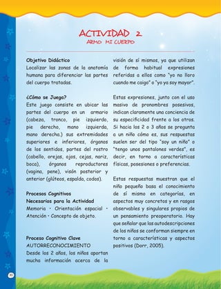 30
Objetivo Didáctico
Localizar las zonas de la anatomía
humana para diferenciar las partes
del cuerpo tratadas.
¿Cómo se Juega?
Este juego consiste en ubicar las
partes del cuerpo en un armario
(cabeza, tronco, pie izquierdo,
pie derecho, mano izquierda,
mano derecha.) sus extremidades
superiores e inferiores, órganos
de los sentidos, partes del rostro
(cabello, orejas, ojos, cejas, nariz,
boca), órganos reproductores
(vagina, pene), visón posterior y
anterior (glúteos, espalda, codos).
Procesos Cognitivos
Necesarios para la Actividad
Memoria • Orientación espacial •
Atención • Concepto de objeto.
Proceso Cognitivo Clave
AUTORRECONOCIMIENTO
Desde los 2 años, los niños aportan
mucha información acerca de la
visión de sí mismos, ya que utilizan
de forma habitual expresiones
referidas a ellos como “yo no lloro
cuando me caigo” o “yo ya soy mayor”.
Estas expresiones, junto con el uso
masivo de pronombres posesivos,
indican claramente una conciencia de
su especiﬁcidad frente a los otros.
Si hacia los 2 o 3 años se pregunta
a un niño cómo es, sus respuestas
suelen ser del tipo “soy un niño” o
“tengo unos pantalones verdes”, es
decir, en torno a características
físicas, posesiones o preferencias.
Estas respuestas muestran que el
niño pequeño basa el conocimiento
de sí mismo en categorías, en
aspectos muy concretos y en rasgos
observables y singulares propios de
un pensamiento preoperatorio. Hay
que señalar que las autodescripciones
de los niños se conforman siempre en
torno a características y aspectos
positivos (Dorr, 2005).
ACTIVIDAD 2.
ARMO MI CUERPO
 
