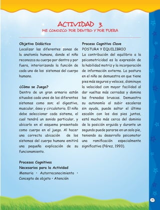 31
Objetivo Didáctico
Localizar las diferentes zonas de
la anatomía humana, donde el niño
reconozca su cuerpo por dentro y por
fuera, interiorizando la función de
cada uno de los sistemas del cuerpo
humano.
¿Cómo se Juega?
Dentro de un gran armario están
situados cada unos de los diferentes
sistemas como son; el digestivo,
muscular, óseo y circulatorio. El niño
debe seleccionar cada sistema, el
cual tendrá un sonido particular, y
ubicarlo en el esquema presentado
como cuerpo en el juego. Al hacer
una correcta ubicación de los
sistemas del cuerpo humano emitirá
una pequeña explicación de su
funcionamiento.
Procesos Cognitivos
Necesarios para la Actividad
Memoria • Autorreconocimiento •
Concepto de objeto • Atención
Proceso Cognitivo Clave
POSTURA Y EQUILIBRIO
La contribución del equilibrio a la
psicomotricidad es la expresión de
la habilidad motriz y la incorporación
de información externa. La postura
en el niño se demuestra en que tiene
pies más seguros y veloces, disminuye
la velocidad con mayor facilidad al
dar vueltas más cerradas y domina
las frenadas bruscas. Demuestra
su autonomía al subir escaleras
sin ayuda, puede saltar el último
escalón con los dos pies juntos,
está mucho más cerca del dominio
de la posición erguida y durante un
segundo puede pararse en un solo pie,
teniendo su desarrollo psicomotor
una ramiﬁcación especialmente
signiﬁcativa (Pérez, 1993).
ACTIVIDAD 3.
ME CONOZCO POR DENTRO Y POR FUERA
 