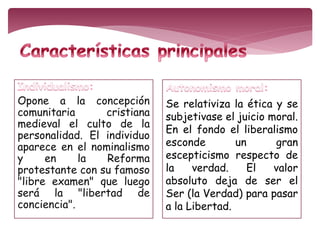 Opone a la concepción 
comunitaria cristiana 
medieval el culto de la 
personalidad. El individuo 
aparece en el nominalismo 
y en la Reforma 
protestante con su famoso 
"libre examen" que luego 
será la "libertad de 
conciencia". 
Se relativiza la ética y se 
subjetivase el juicio moral. 
En el fondo el liberalismo 
esconde un gran 
escepticismo respecto de 
la verdad. El valor 
absoluto deja de ser el 
Ser (la Verdad) para pasar 
a la Libertad. 
 
