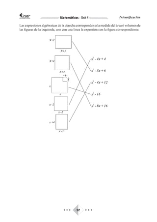 CORPORACIÓN INTERNACIONAL
PARA EL DESARROLLO EDUCATIVO   Matemáticas - Unit 4                       Intensificación

Las expresiones algebraicas de la derecha corresponden a la medida del área ó volumen de
las figuras de la izquierda, une con una línea la expresión con la figura correspondiente:




                                 ♦♦♦      22    ♦♦♦
 