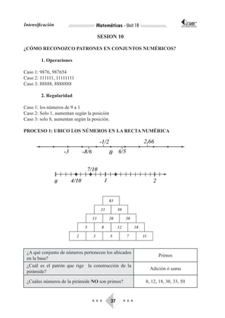 Intensificación                     Matemáticas - Unit 10                       CORPORACIÓN INTERNACIONAL
                                                                               PARA EL DESARROLLO EDUCATIVO




                                    SESION 10

¿CÓMO RECONOZCO PATRONES EN CONJUNTOS NUMÉRICOS?

        1. Operaciones

Caso 1: 9876, 987654
Caso 2: 111111, 11111111
Caso 3: 88888, 8888888

        2. Regularidad

Caso 1: los números de 9 a 1
Caso 2: Solo 1, aumentan según la posición
Caso 3: solo 8, aumentan según la posición.

PROCESO 1: UBICO LOS NÚMEROS EN LA RECTA NUMÉRICA




 ¿A qué conjunto de números pertenecen los ubicados
                                                                  Primos
 en la base?
 ¿Cuál es el patrón que rige la construcción de la
                                                              Adición ó suma
 pirámide?

 ¿Cuáles números de la pirámide NO son primos?              8, 12, 18, 30, 33, 50


                                  ♦♦♦         37   ♦♦♦
 