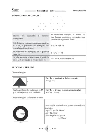 CORPORACIÓN INTERNACIONAL
PARA EL DESARROLLO EDUCATIVO                Matemáticas - Unit 1                      Intensificación

NÚMEROS HEXAGONALES




                                                            El estudiante dibujará al menos las
    Elabora los                siguientes    5   números
                                                            tres figuras siguientes, necesarias para
    hexagonales
                                                            calcular los siguientes Ítems.
    Si la distancia entre dos puntos consecutivos
    es 3 cm, el perímetro del hexágono que P = 3*6 =18 cm
    ocupa la posición dos es:
    El perímetro del hexágono de la posición
                                               P = 3*24 = 72
    cinco es:
    La relación entre el número de la posición
                                               72/18 = 4, la relación es 4 a 1
    cinco y el que ocupa la posición dos es:


PROCESO 3: TU RETO

Observa la figura

                                                      Escribe el perímetro del rectángulo:
                                                      P = 2y + 4x



     Si el largo (base) del rectángulo es 2X          Escribe el área de la región sombreada:
     y el ancho (altura) es Y unidades.               A = 2xy / 2 = xy

Observa la figura y completa la tabla.


                                                     Area región = área círculo grande – área circulo
                                                     pequeño.
                                                     Ag = 25 π = 78.54 cm2
                                                     Ap = 12.56cm2
                                                     Área Región = Ag - Ap
                                                                  = 65.98cm2




                                              ♦♦♦       8    ♦♦♦
 