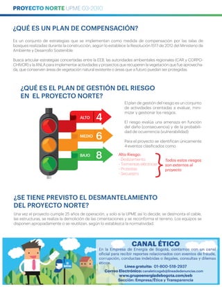 ¿QUÉ ES EL PLAN DE GESTIÓN DEL RIESGO
EN EL PROYECTO NORTE?
¿SE TIENE PREVISTO EL DESMANTELAMIENTO
DEL PROYECTO NORTE?
¿QUÉ ES UN PLAN DE COMPENSACIÓN?
El plan de gestión del riesgo es un conjunto
de actividades orientadas a evaluar, mini-
mizar y gestionar los riesgos.
El riesgo evalúa una amenaza en función
del daño (consecuencia) y de la probabili-
dad de ocuerrencia (vulnerabilidad)
Para el proyecto se identifican únicamente
4 eventos clasificados como
Alto Riesgo:
- Deslizamiento
- Tormentas eléctricas
- Protestas
- Secuestro
Todos estos riesgos
son externos al
proyecto
Es un conjunto de estrategias que se implementan como medida de compensación por las talas de
bosques realizadas durante la construcción, según lo establece la Resolución 1517 de 2012 del Ministerio de
Ambiente y Desarrollo Sostenible.
Busca articular estrategias concertadas entre la EEB, las autoridades ambientales regionales (CAR y CORPO-
CHIVOR) y la ANLA para implementar actividades y proyectos que recuperen la vegetación que fue aprovecha-
da, que conserven áreas de vegetación natural existente o áreas que a futuro puedan ser protegidas.
Una vez el proyecto cumple 25 años de operación, y solo si la UPME así lo decide, se desmonta el cable,
las estructuras, se realiza la demolición de las cimentaciones y se reconforma el terreno. Los equipos se
disponen apropiadamente o se reutilizan, según lo establezca la normatividad.
BAJO
MEDIO
ALTO
8
6
4
}
01-800-518-2937
canaleticogeb@lineadedenuncias.com
 