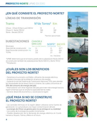 ¿EN QUÉ CONSISTE EL PROYECTO NORTE?
LÍNEAS DE TRANSMISIÓN
SUBESTACIONES
¿CUÁLES SON LOS BENEFICIOS
DEL PROYECTO NORTE?
¿QUÉ PASA SI NO SE CONSTRUYE
EL PROYECTO NORTE?
4
Chivor - Chivor II (San Luis) 230 kV
Chivor II - Norte 230 kV
Norte - Bacatá 230 kV
- Garantizar el suministro confiable y eficiente de energía eléctrica
- Ampliar el acceso de la población al servicio de energía
- Expandir la red del Sistema de Transmisión Nacional, STN, para atender
las necesidades de las áreas Centro y Oriente, las cuales concentran el
25% del consumo de energía del país.
- Interconectar con otras regiones del país para traer más energía hacia la
región al tiempo que se amplia la capacidad de las redes
- Generar desarrollo económico y social para la región
- Las centrales térmicas en la región deben utilizarse como fuente de
generación, lo cual produce una mayor contaminación del aire
- La energía de Chivor se genera pero no se entrega en su totalidad
- Los costos de la energía se pueden incrementar
- Posible desatención de la demanda de energía eléctrica en Cundi-
namarca, Boyacá, Tolima y Meta en el futuro.
Municipio
Área real de construcción
Área futura de construcción
TOTAL
*UPME determinó que en el mismo predio de la subestación Norte 230 kV
se construirán también las subestaciones Norte 500 kV y Norte 115 kV.
**Ampliación
1,1
2,4
3,5
1,1
1,0
2,1
0,1**
0,0
0,1
*Número aproximado
Ha = Hectárea
San Luis de Gaceno Gachancipá Tenjo
14
199
141
4
102
56
Tramo N°de Torres* Km
CHIVOR II
SAN LUIS NORTE* BACATÁ
Ha
Ha
 