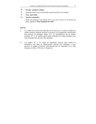 CARTILLA RADIOTELEFÓNICA DEL SERVICIO MÓVIL MARÍTIMO                  57


 W    Necesito asistencia médica.
 X    Suspenda usted lo que está haciendo y preste atención a mis señales.
 Y    Estoy garreando.
*Z    Necesito remolcador.
      Hecha por pesqueros que faenan muy cerca uno de otros en los bancos de
      pesca, significa: “Estoy largando las redes".


NOTAS:
1)   Las señales de una sola letra marcada con un asterisco (*), cuando se hagan por
     medios acústicos, deberán satisfacer lo prescrito en el Reglamento Internacional
     para prevenir los abordajes, Reglas 34 y 35, entendiéndose que las señales
     acústicas “G” y “Z” podrán seguir siendo utilizadas por buques pesqueros que
     estén faenando muy cerca de otros pesqueros.

2)   Las señales “K” y “S” tienen un significado especial como señales de
     desembarco para guía de embarcaciones menores con tripulantes u otras
     personas en peligro (Convenio Internacional para la Seguridad de la Vida
     Humana en el Mar, 1974, Cap. V, Regla 16).
 